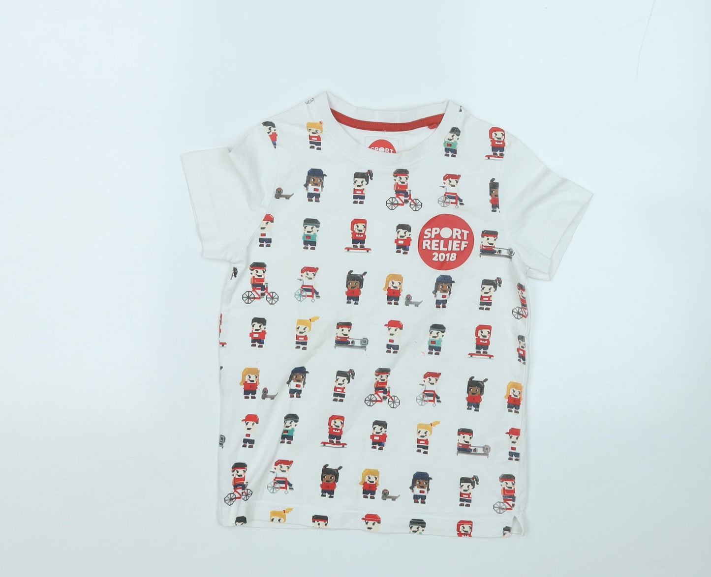 sport relief Boys White Geometric Cotton Basic T-Shirt Size 5-6 Years Round Neck