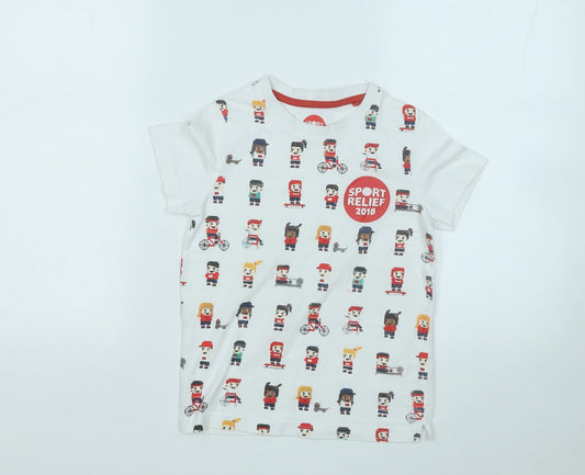 sport relief Boys White Geometric Cotton Basic T-Shirt Size 5-6 Years Round Neck