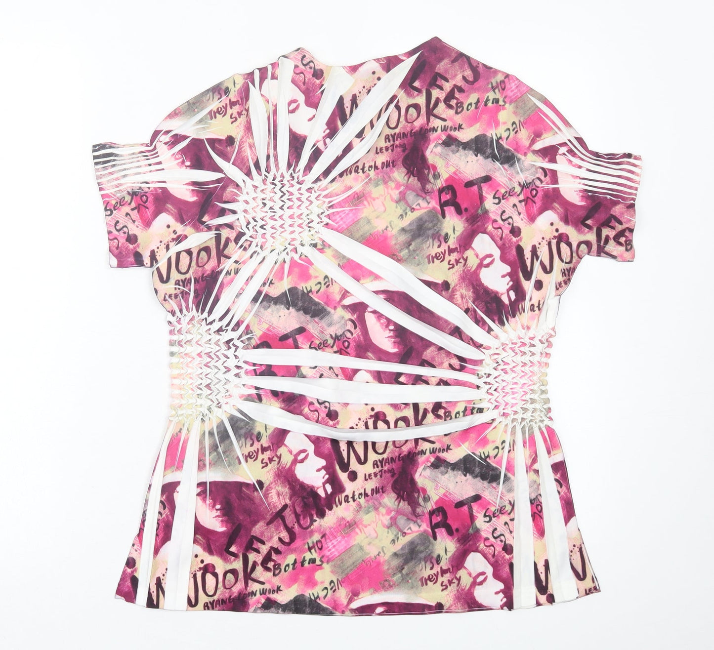 Sarah Louise Womens Pink Geometric Polyester Basic T-Shirt Size M Crew Neck