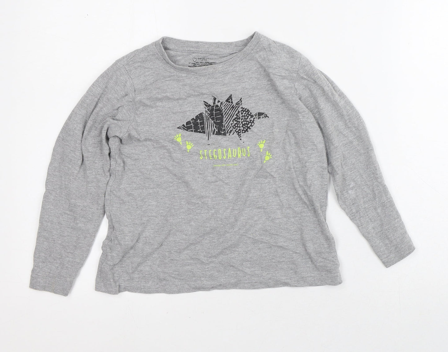 Primark Boys Grey  Cotton Pullover T-Shirt Size 6-7 Years Crew Neck  - Stegosaurus