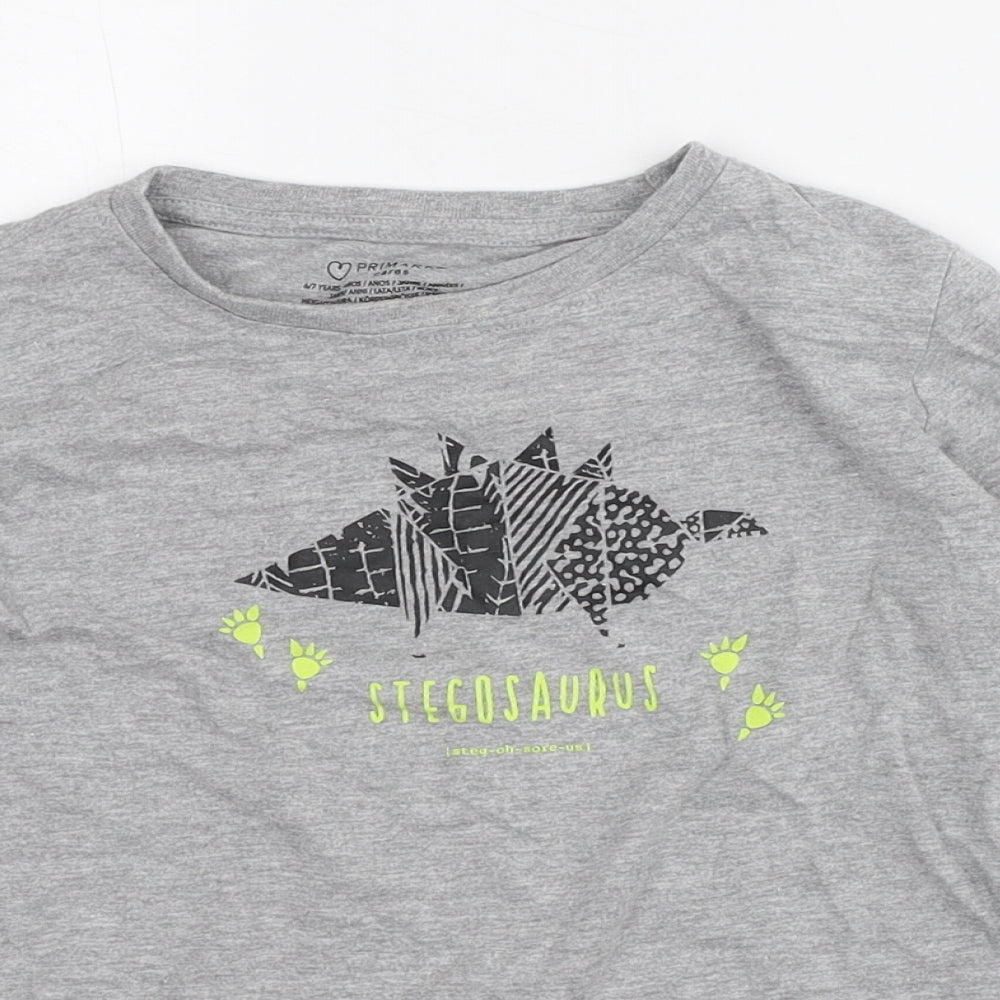 Primark Boys Grey  Cotton Pullover T-Shirt Size 6-7 Years Crew Neck  - Stegosaurus