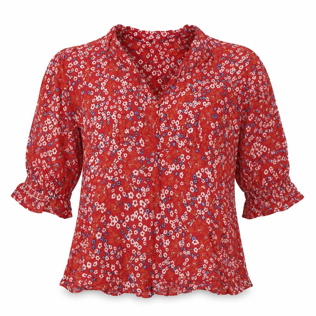 Dunnes Womens Red Floral Viscose Basic Blouse Size M Round Neck