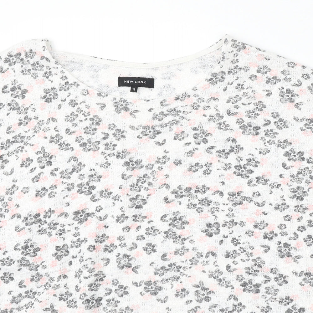 New Look Womens White Round Neck Floral Polyester Pullover Jumper Size 12