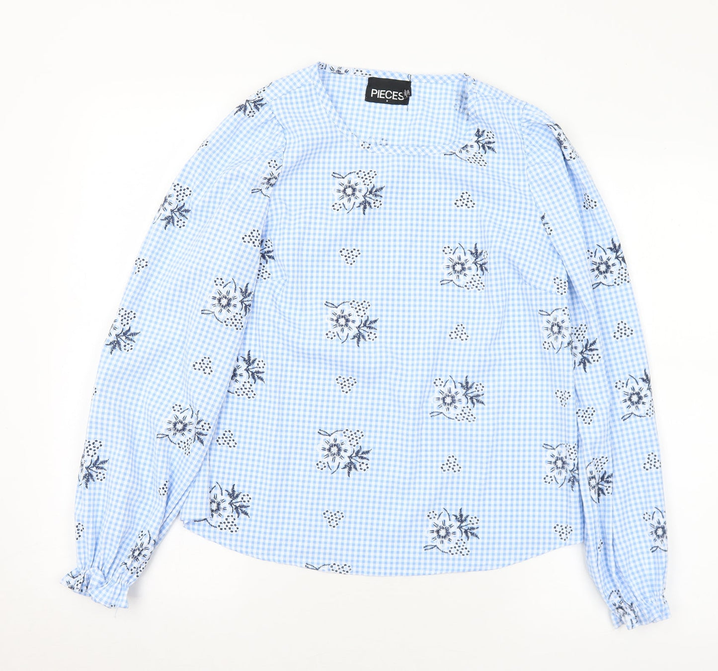Pieces Womens Blue Check Polyester Basic Blouse Size S Round Neck