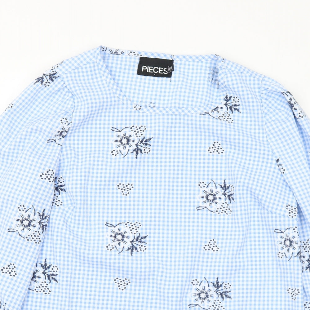 Pieces Womens Blue Check Polyester Basic Blouse Size S Round Neck