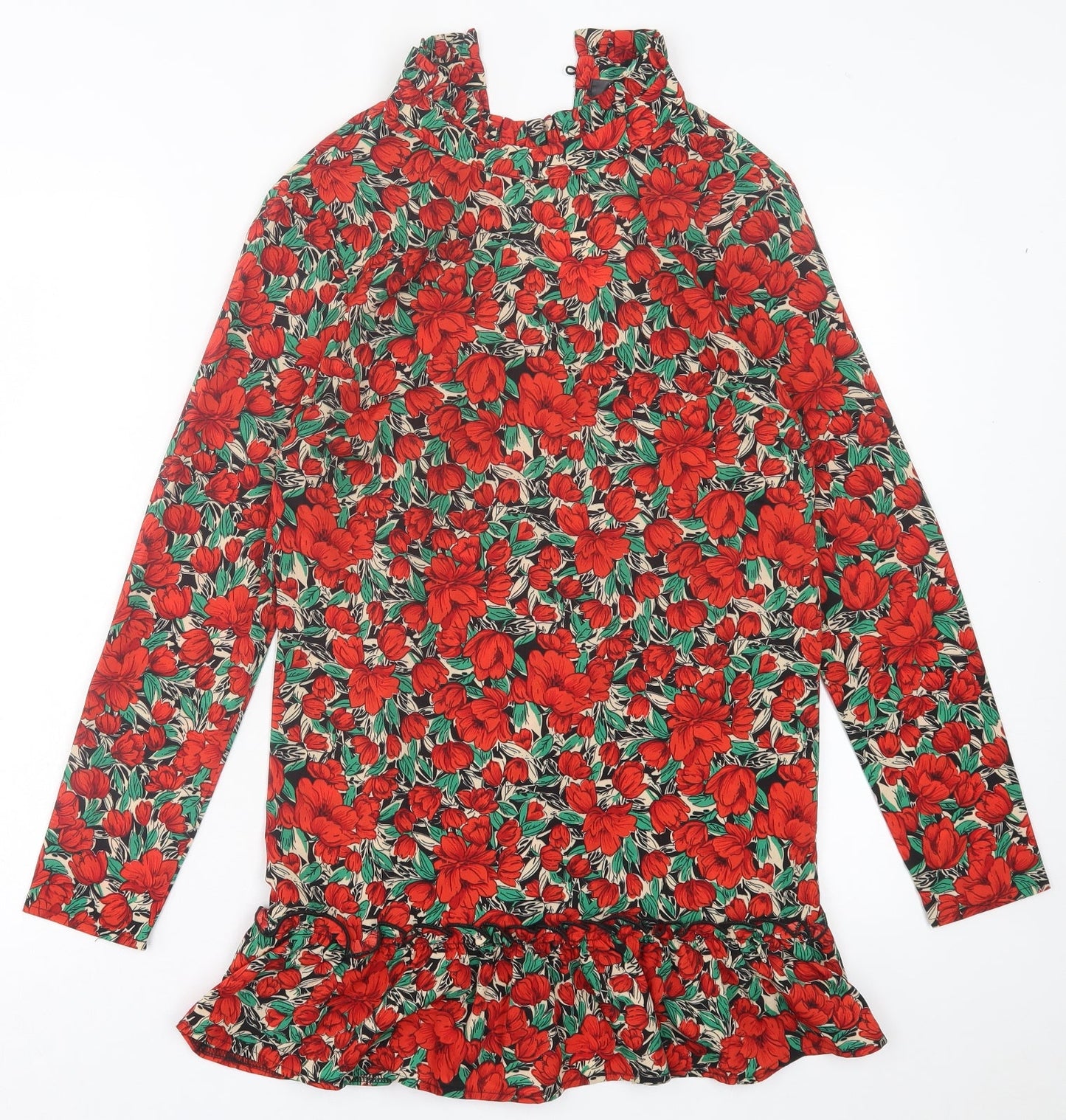 Missguided Womens Red Floral Polyester A-Line  Size 8  High Neck Button