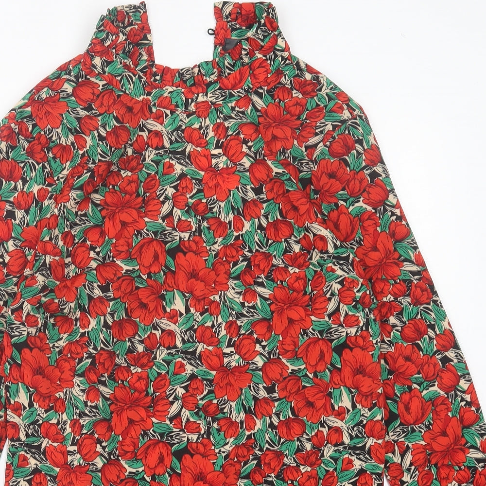 Missguided Womens Red Floral Polyester A-Line  Size 8  High Neck Button