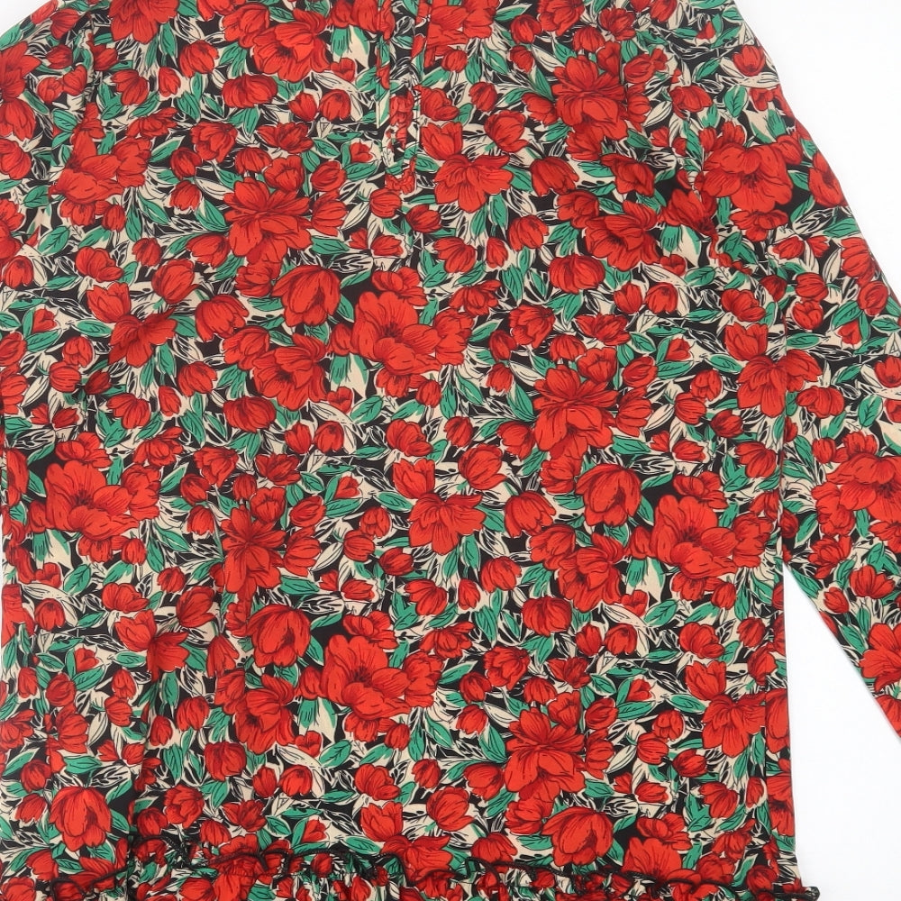Missguided Womens Red Floral Polyester A-Line  Size 8  High Neck Button