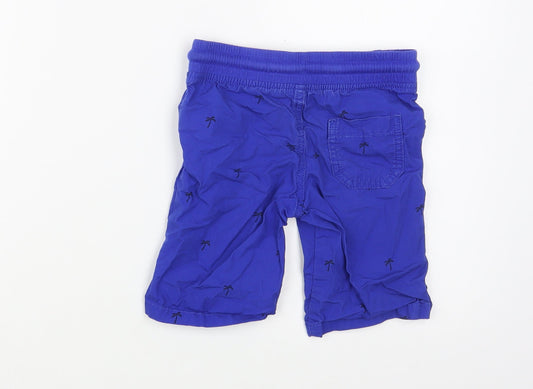 Marks and Spencer Boys Blue  Cotton Cropped Trousers Size 2-3 Years  Regular Drawstring - Palm Tree Print