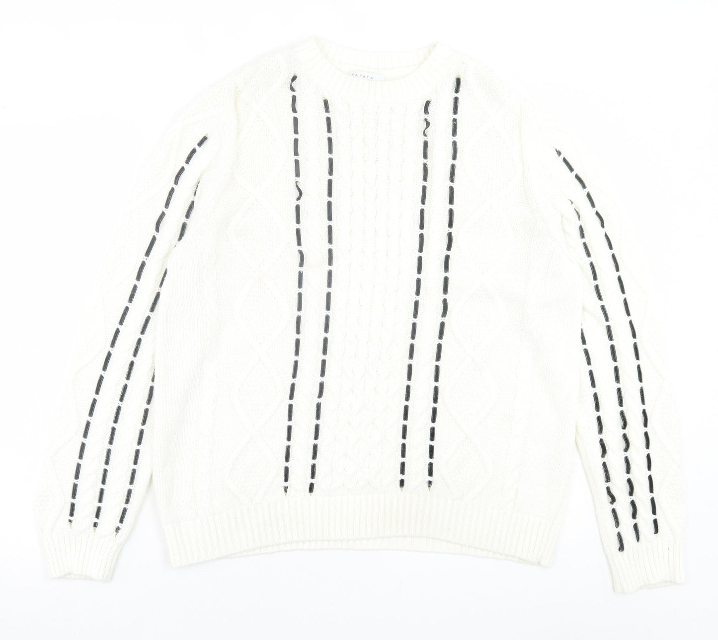 Papaya Womens White Crew Neck Geometric Acrylic Pullover Jumper Size M