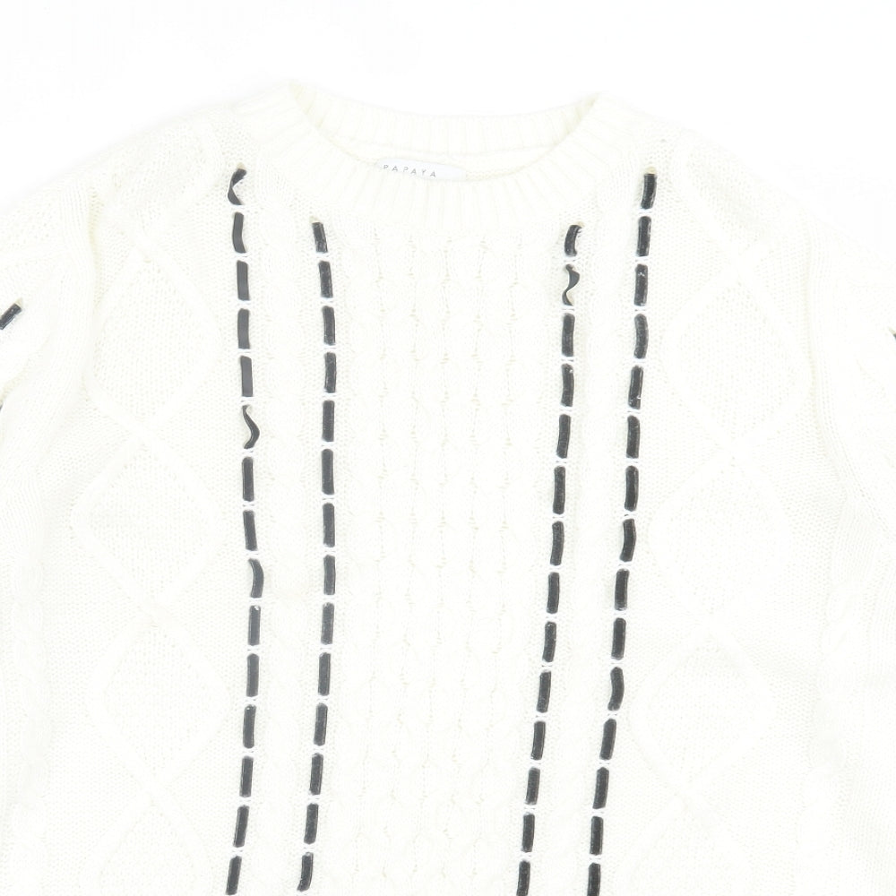 Papaya Womens White Crew Neck Geometric Acrylic Pullover Jumper Size M