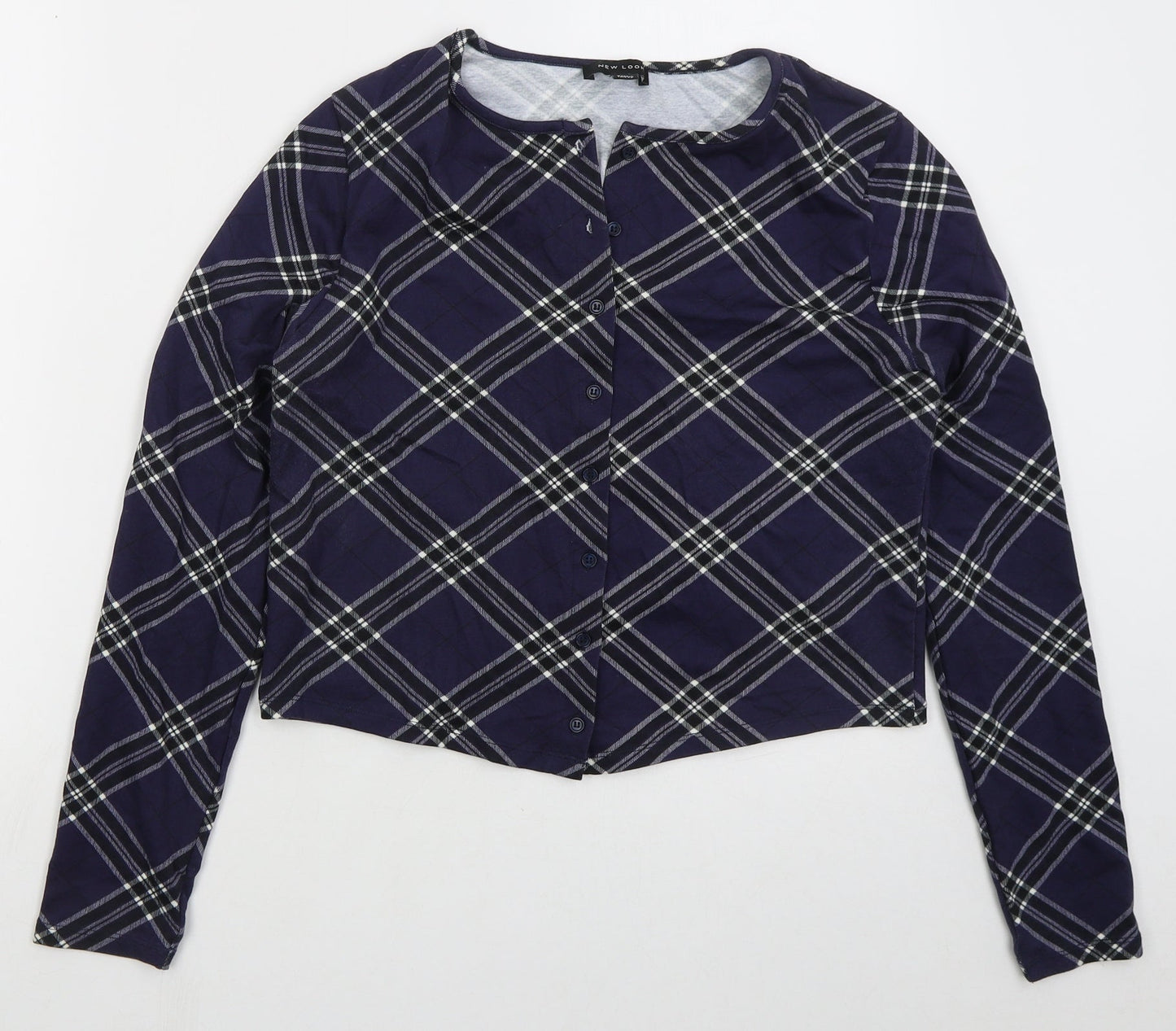 New Look Womens Blue Round Neck Check Cotton Cardigan Jumper Size 16