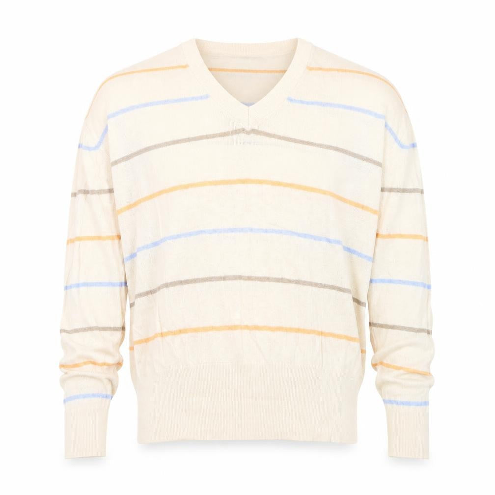 Marks and Spencer Mens Ivory V-Neck Striped Viscose Pullover Jumper Size L