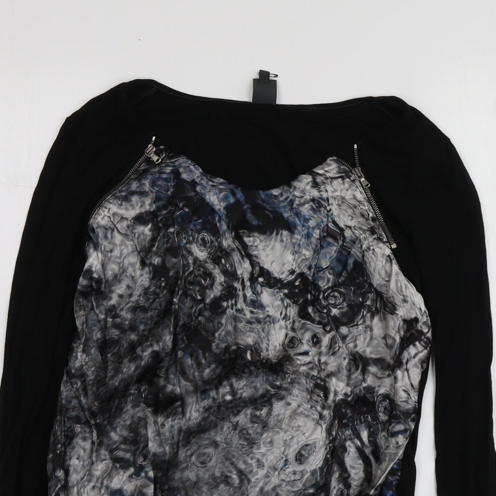 EK Womens Black Geometric Viscose Basic T-Shirt Size 42 Round Neck