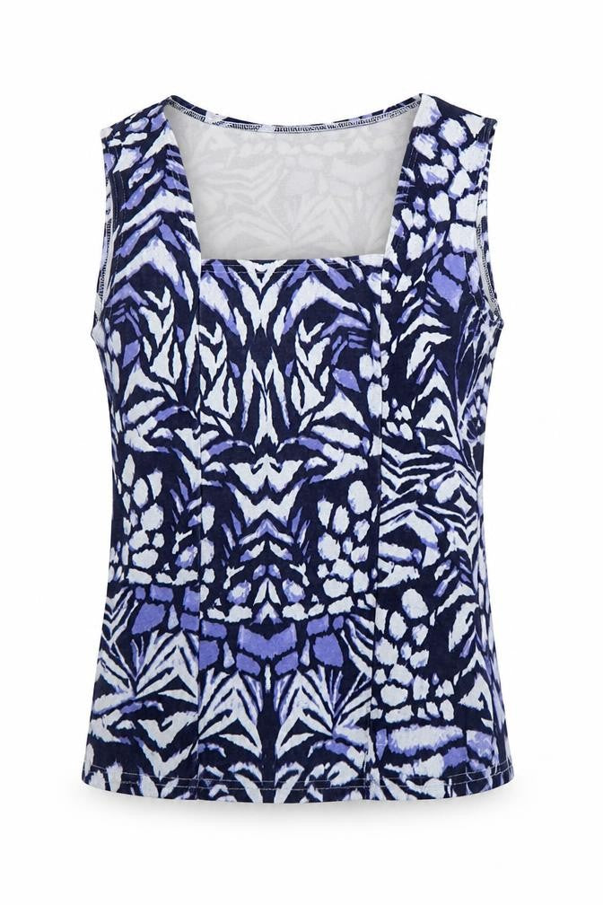 Reflections Womens Blue Geometric Polyester Basic Tank Size M Square Neck