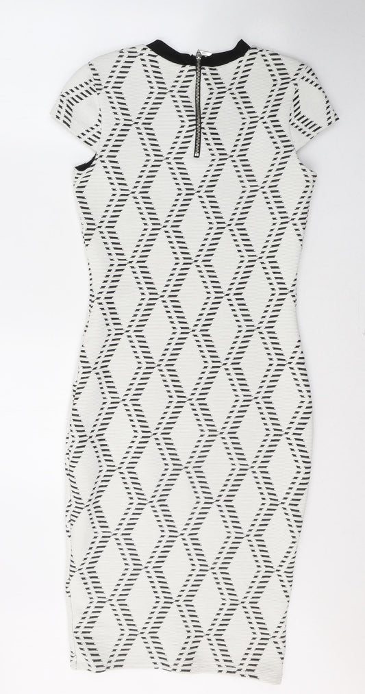 River Island Womens White Geometric Cotton A-Line  Size 10  Round Neck Zip
