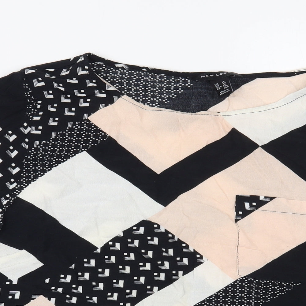 New Look Womens Black Geometric Viscose Basic Blouse Size 14 Boat Neck