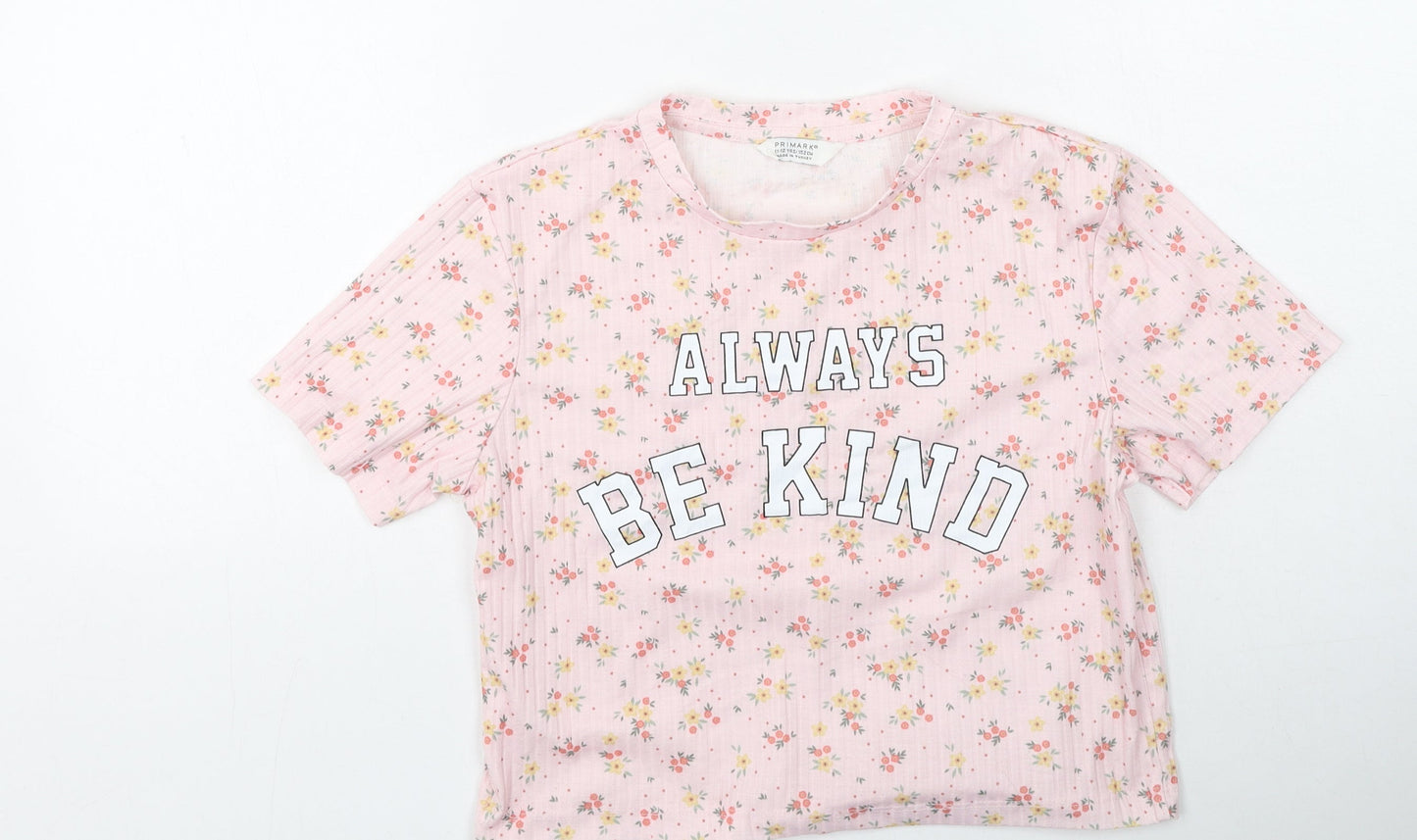 Primark Girls Pink Floral Cotton Basic Casual Size 11-12 Years Round Neck  - Always Be Kind