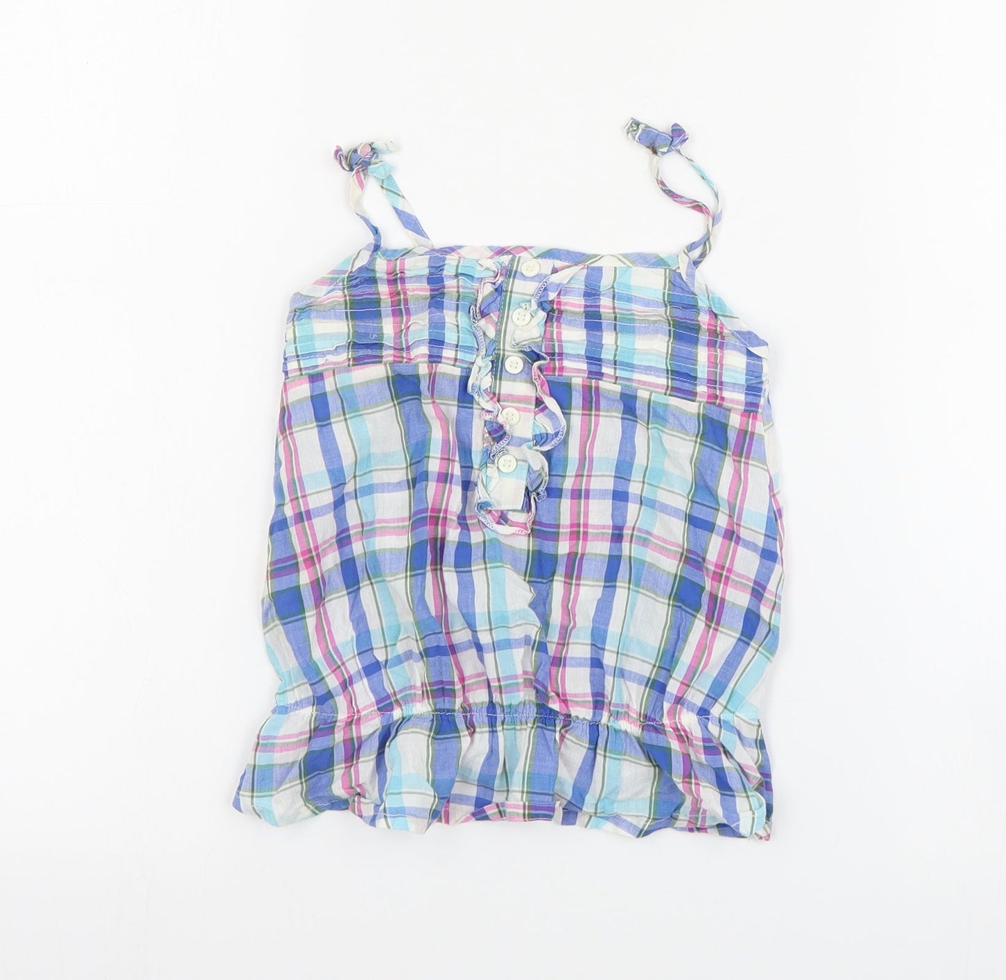 NEXT Girls Blue Plaid Cotton Basic Tank Size 6 Years Round Neck Pullover