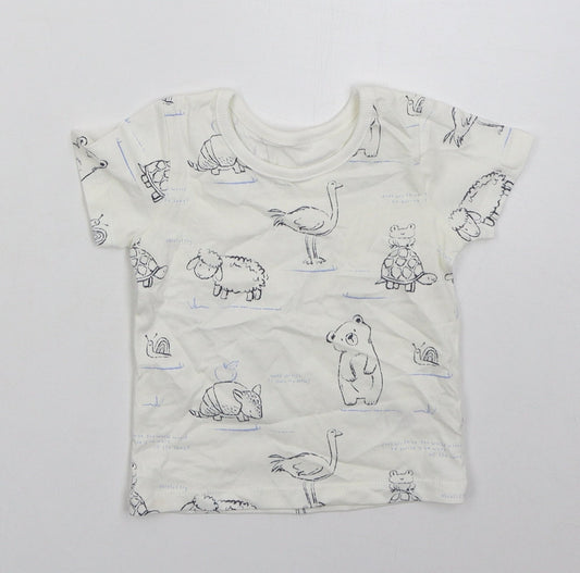 George Boys White  Cotton Basic T-Shirt Size 6-9 Months Crew Neck Pullover - Animals