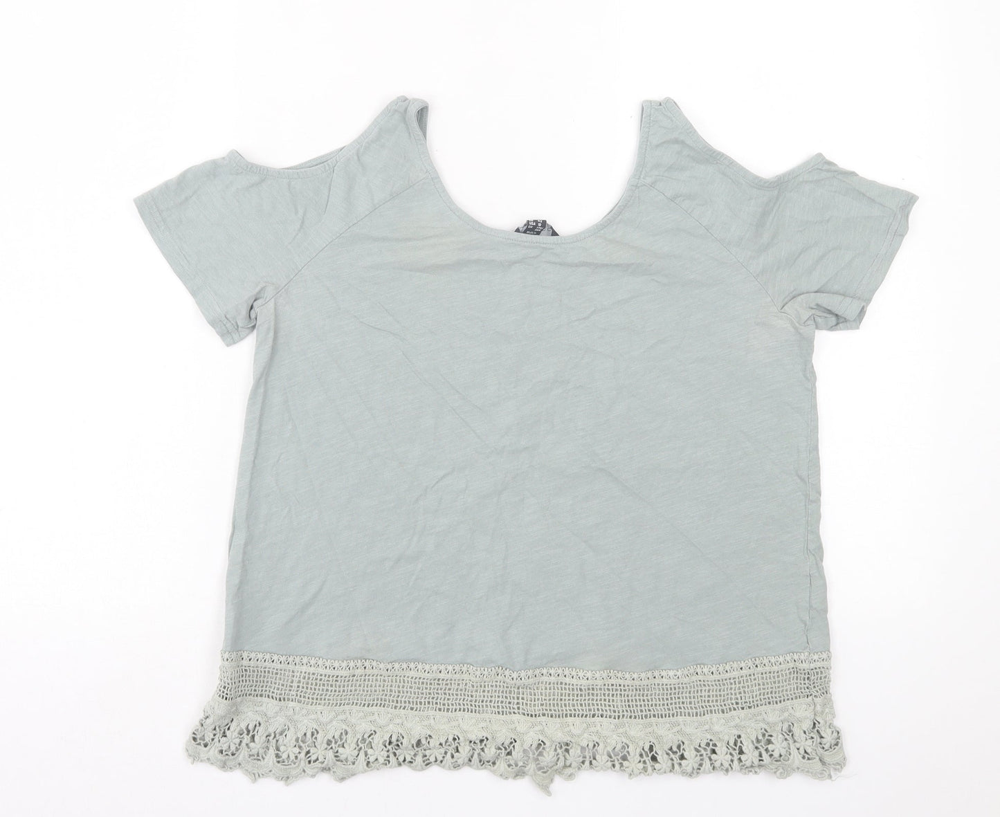 New Look Womens Green  Cotton Basic T-Shirt Size 14 Crew Neck - cold Shoulder