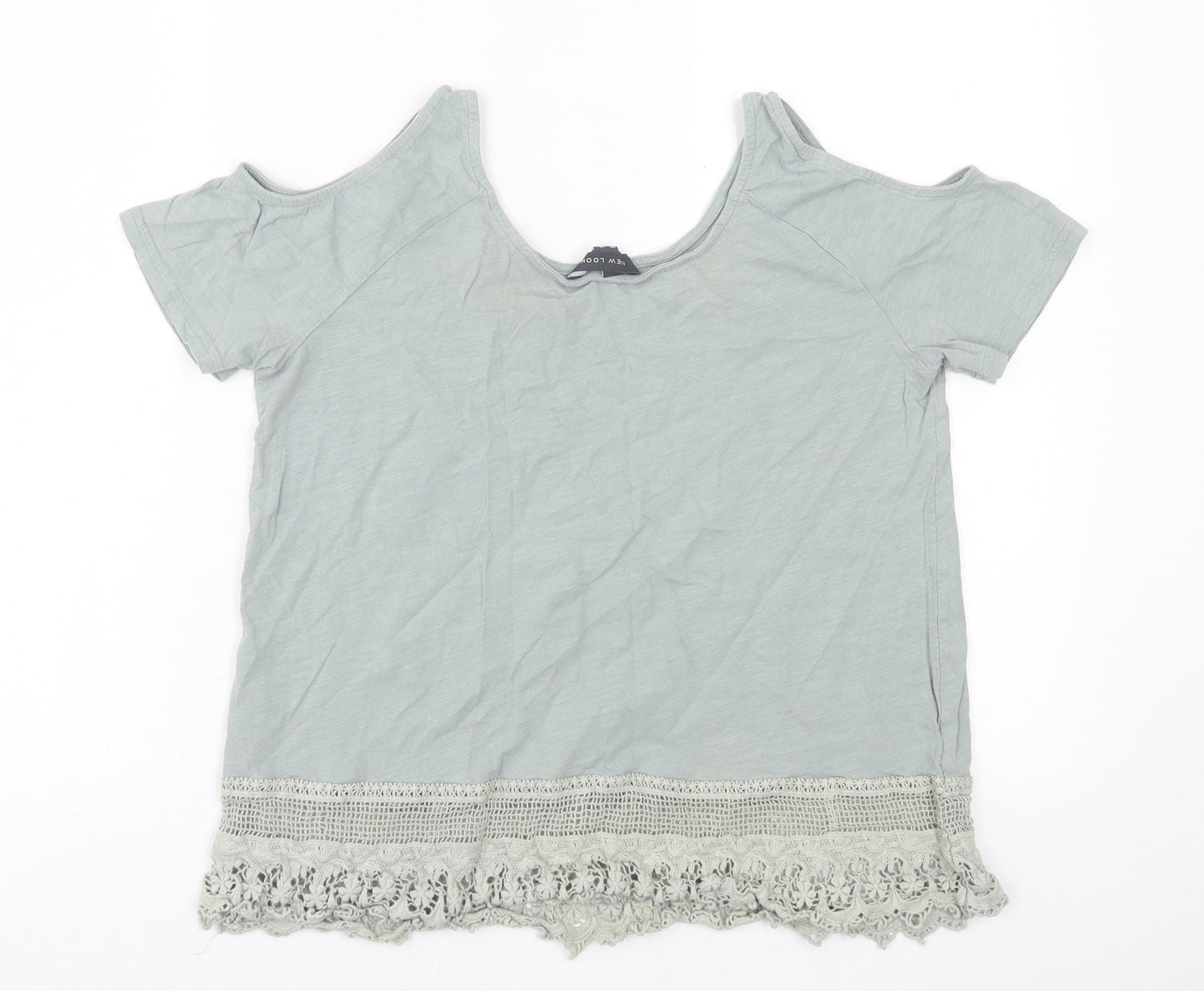 New Look Womens Green  Cotton Basic T-Shirt Size 14 Crew Neck - cold Shoulder