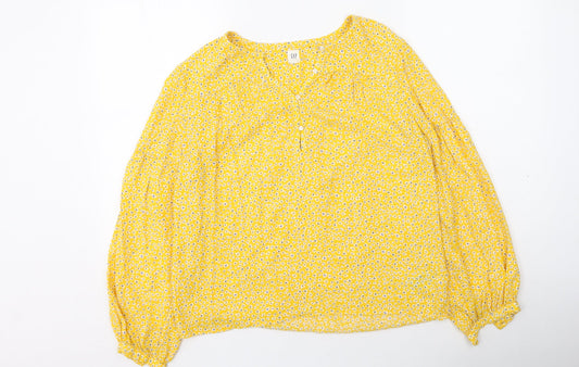 Gap  Womens Yellow Floral Modacrylic Basic Blouse Size XS V-Neck