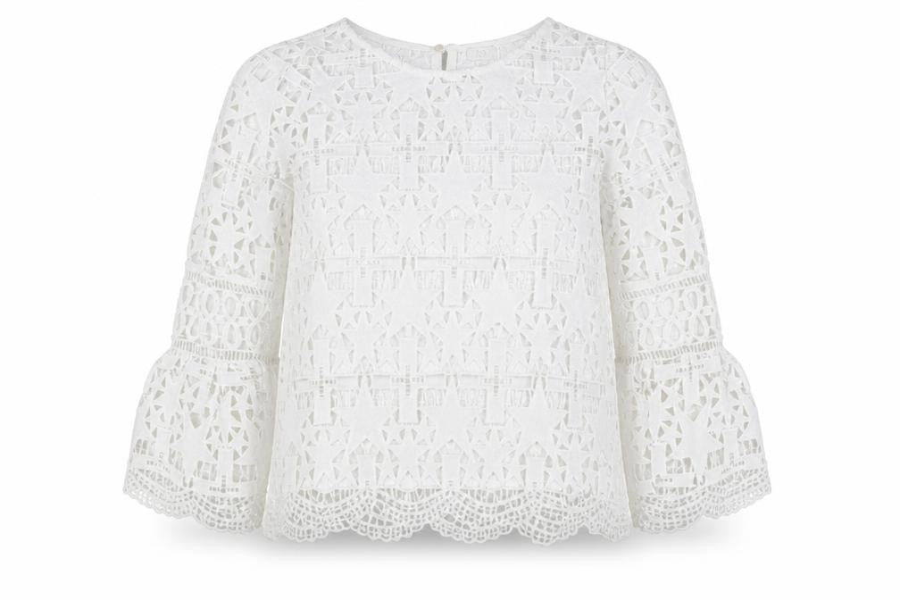 River Island Womens Ivory Geometric Polyester Jersey T-Shirt Size 6 Round Neck