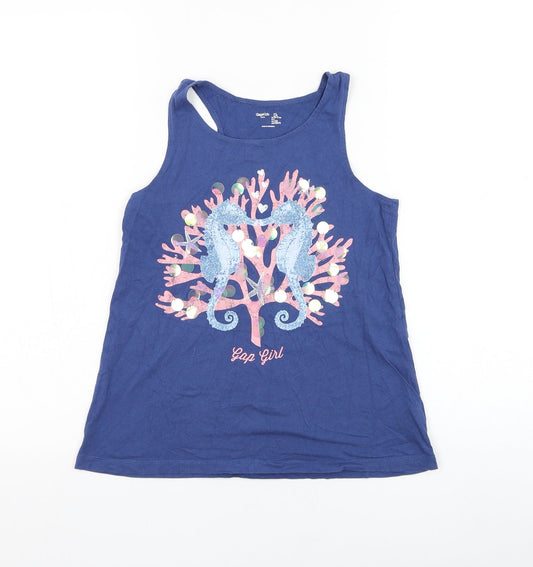 Gap Girls Blue  Cotton Basic Tank Size 10-11 Years Round Neck Pullover - Seahorse