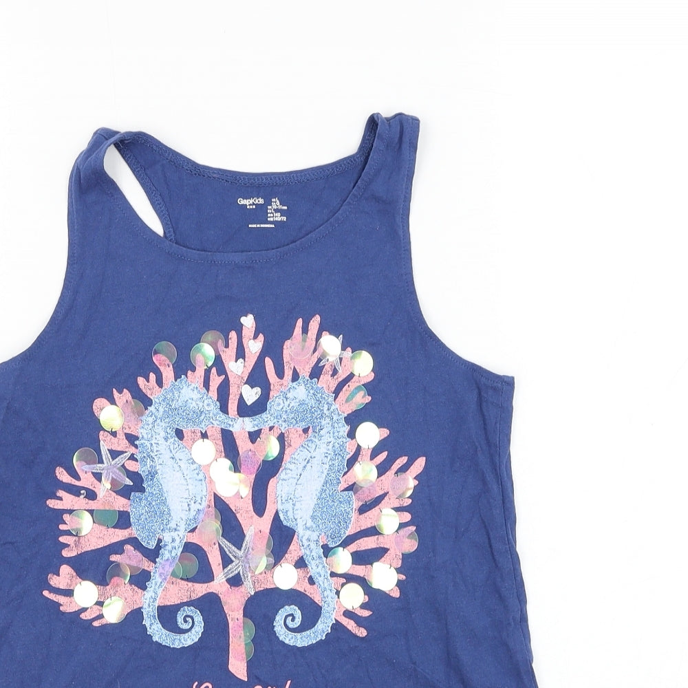 Gap Girls Blue  Cotton Basic Tank Size 10-11 Years Round Neck Pullover - Seahorse