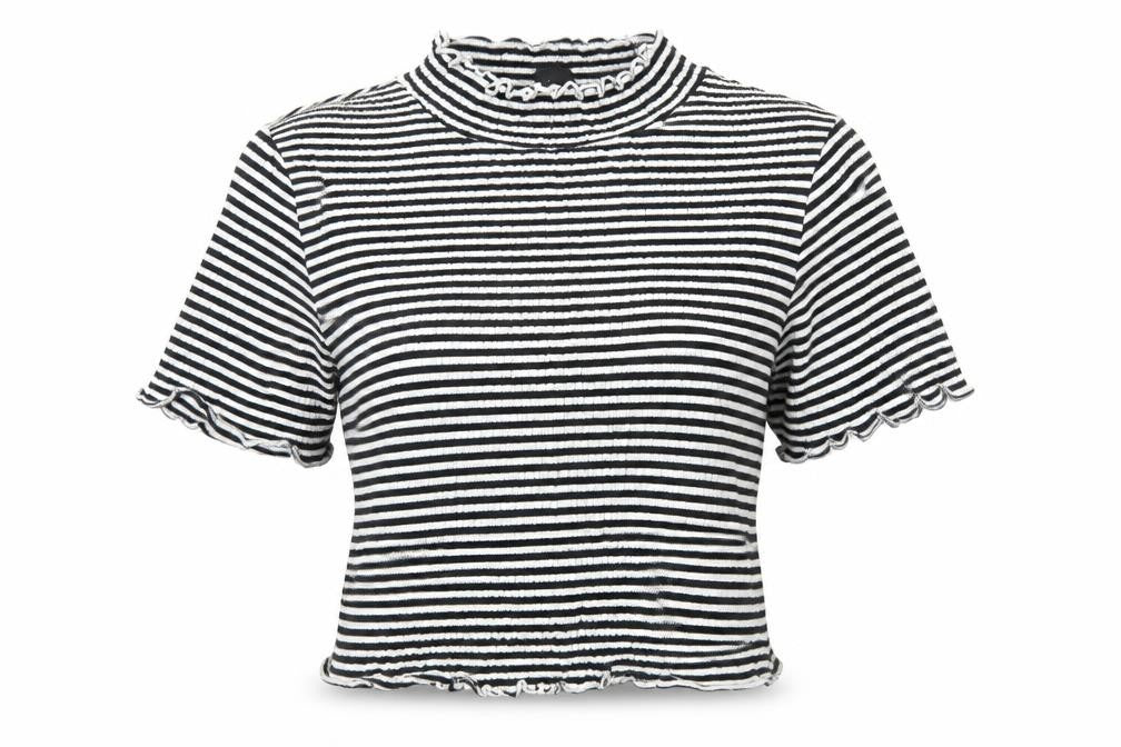 New Look Womens Black Striped Cotton Cropped T-Shirt Size 8 Mock Neck