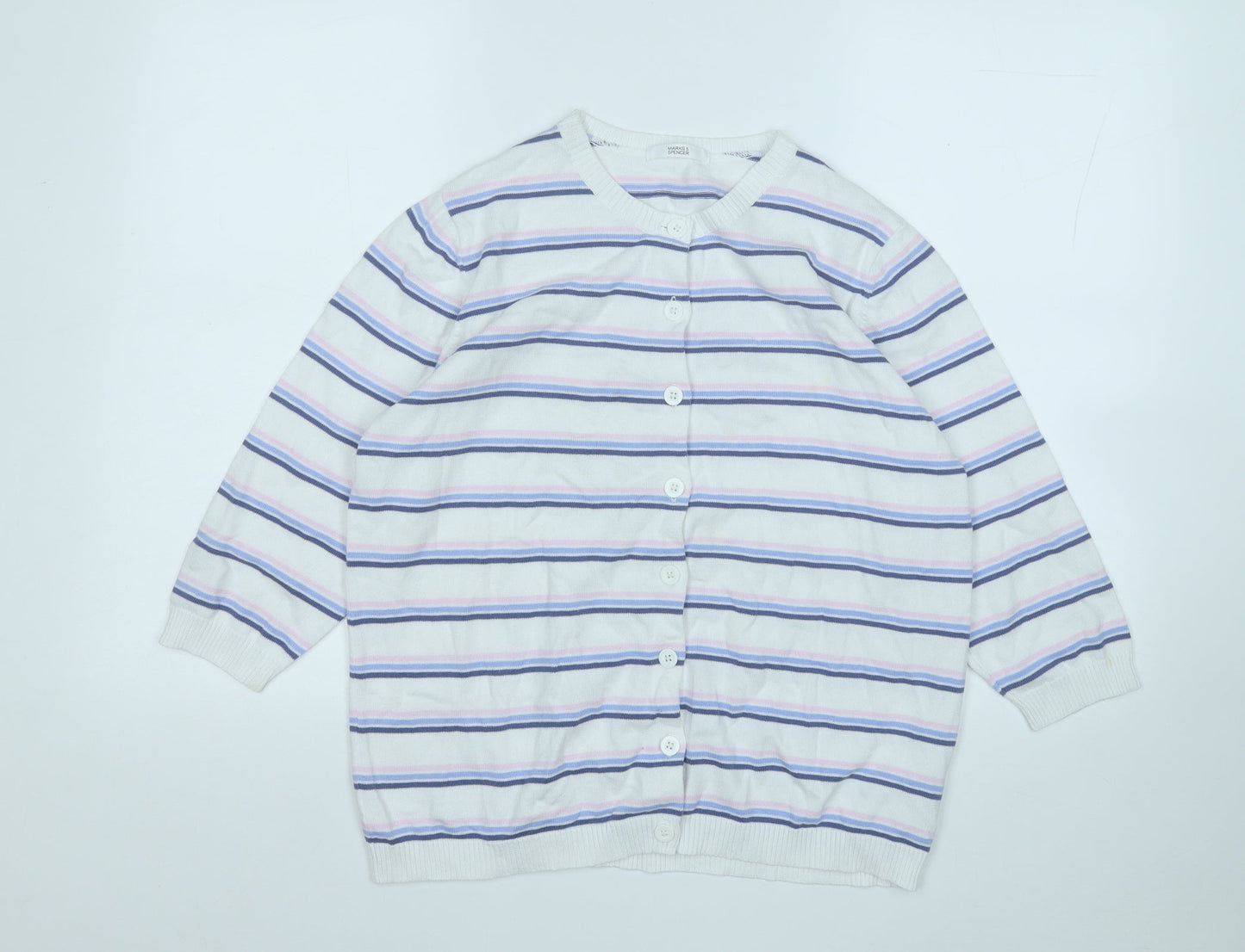 Marks and Spencer Womens Multicoloured Round Neck Striped Cotton Cardigan Jumper Size 16