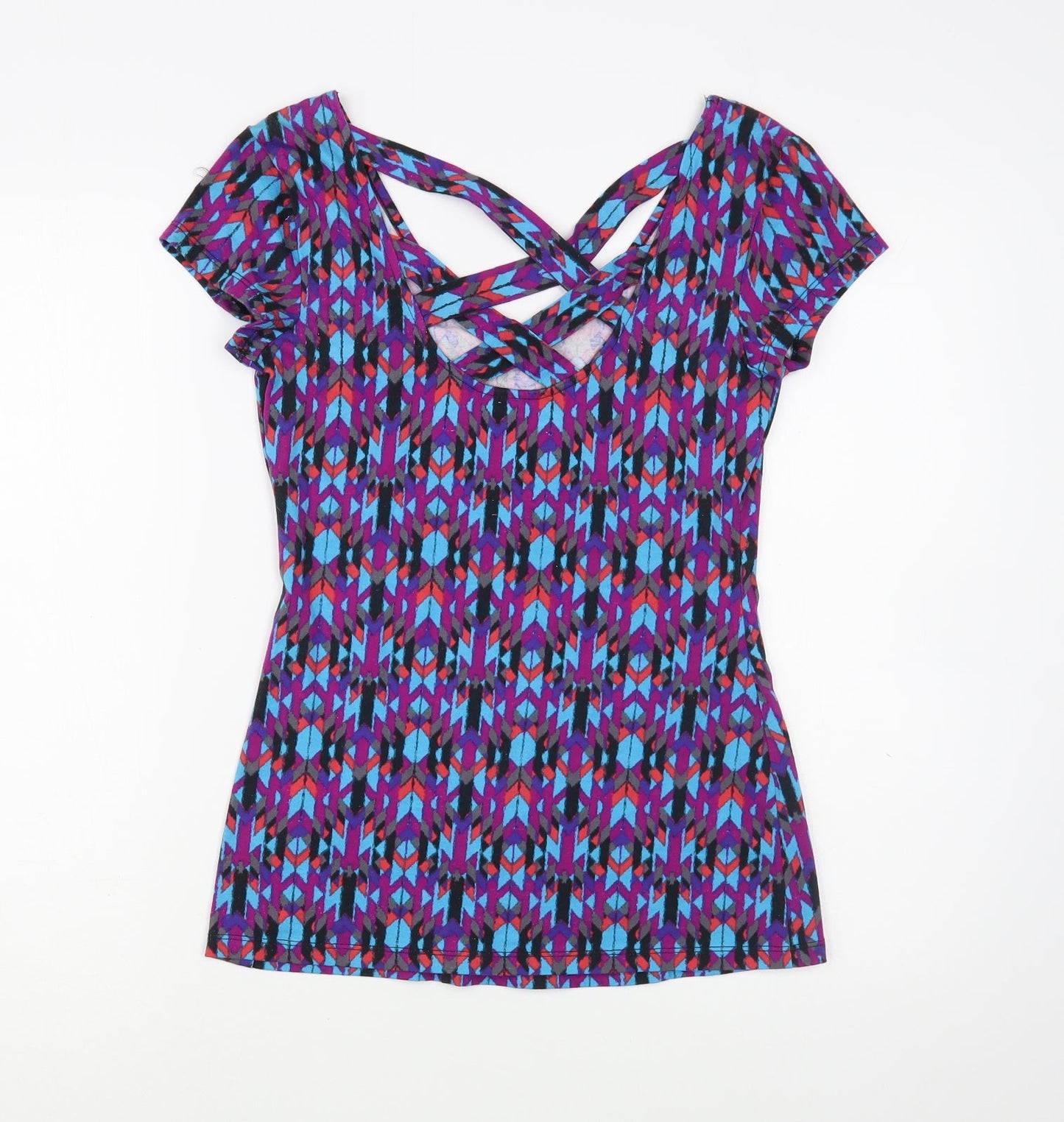 No Boundaries Womens Multicoloured Geometric Cotton Basic T-Shirt Size S V-Neck