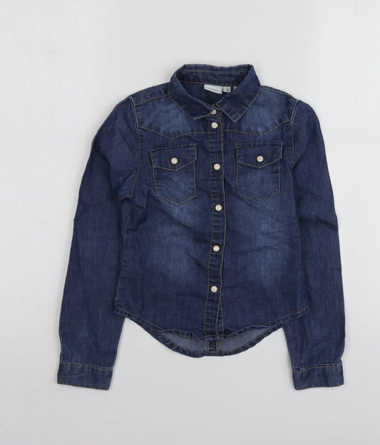 name it Girls Blue  Cotton Basic Button-Up Size 5 Years Collared