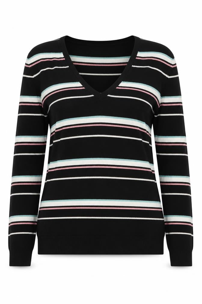 Marks and Spencer Womens Multicoloured V-Neck Striped Viscose Pullover Jumper Size 14