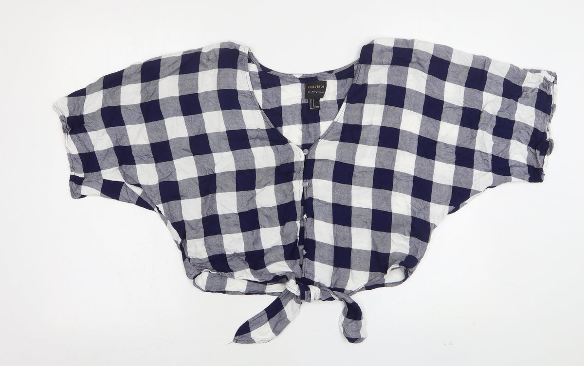 Forever 21 Womens Blue Check Cotton Cropped Button-Up Size S V-Neck