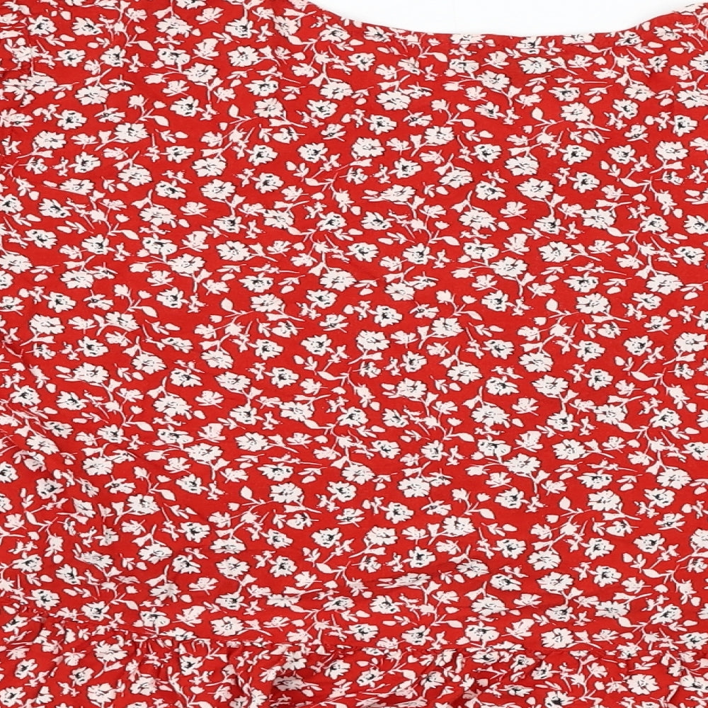 New Look Womens Red Floral Viscose Basic Blouse Size 16 Round Neck