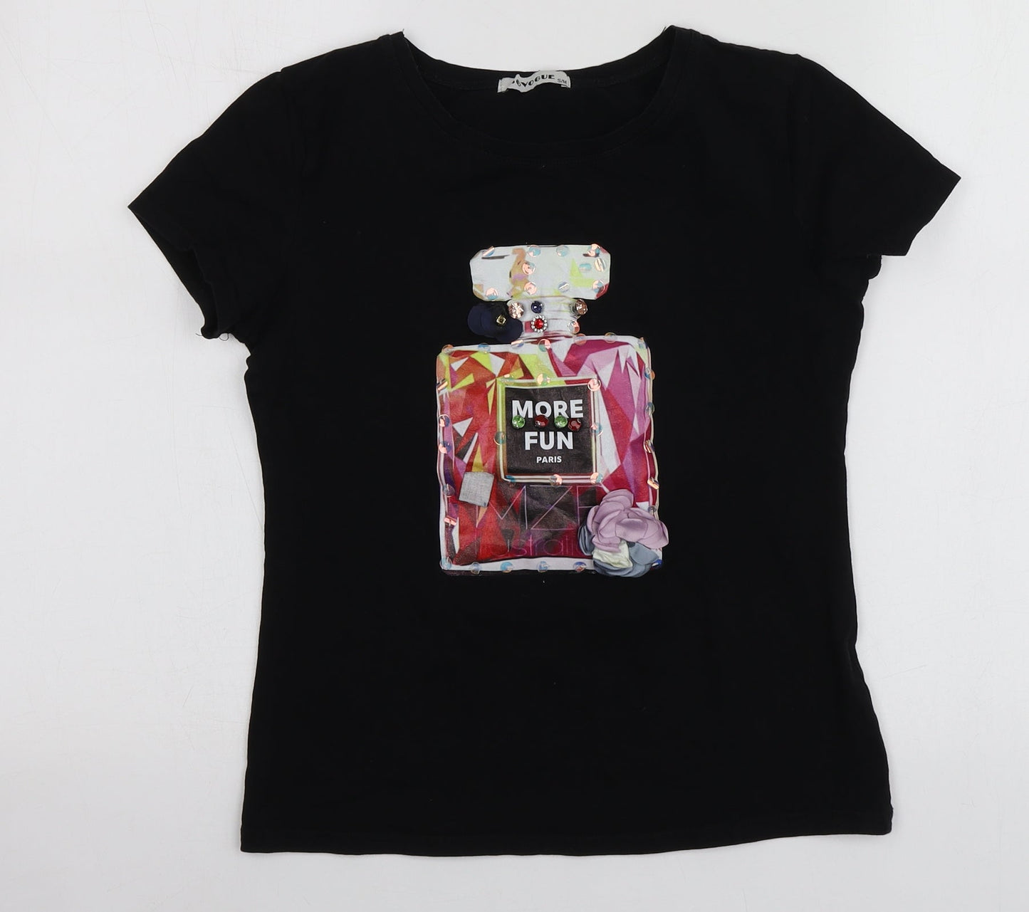 Sovogue Womens Black Geometric Cotton Basic T-Shirt Size S Round Neck