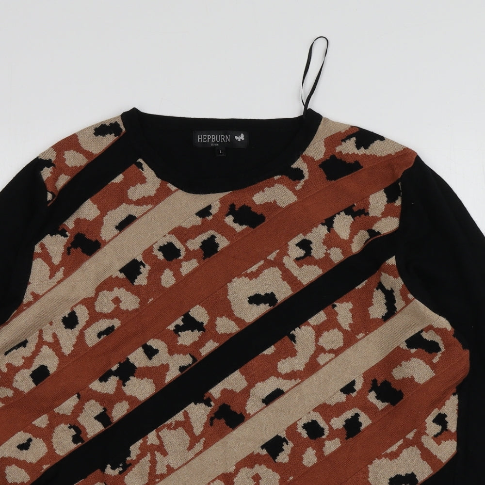 Hepburn Womens Black Round Neck Animal Print Viscose Pullover Jumper Size L