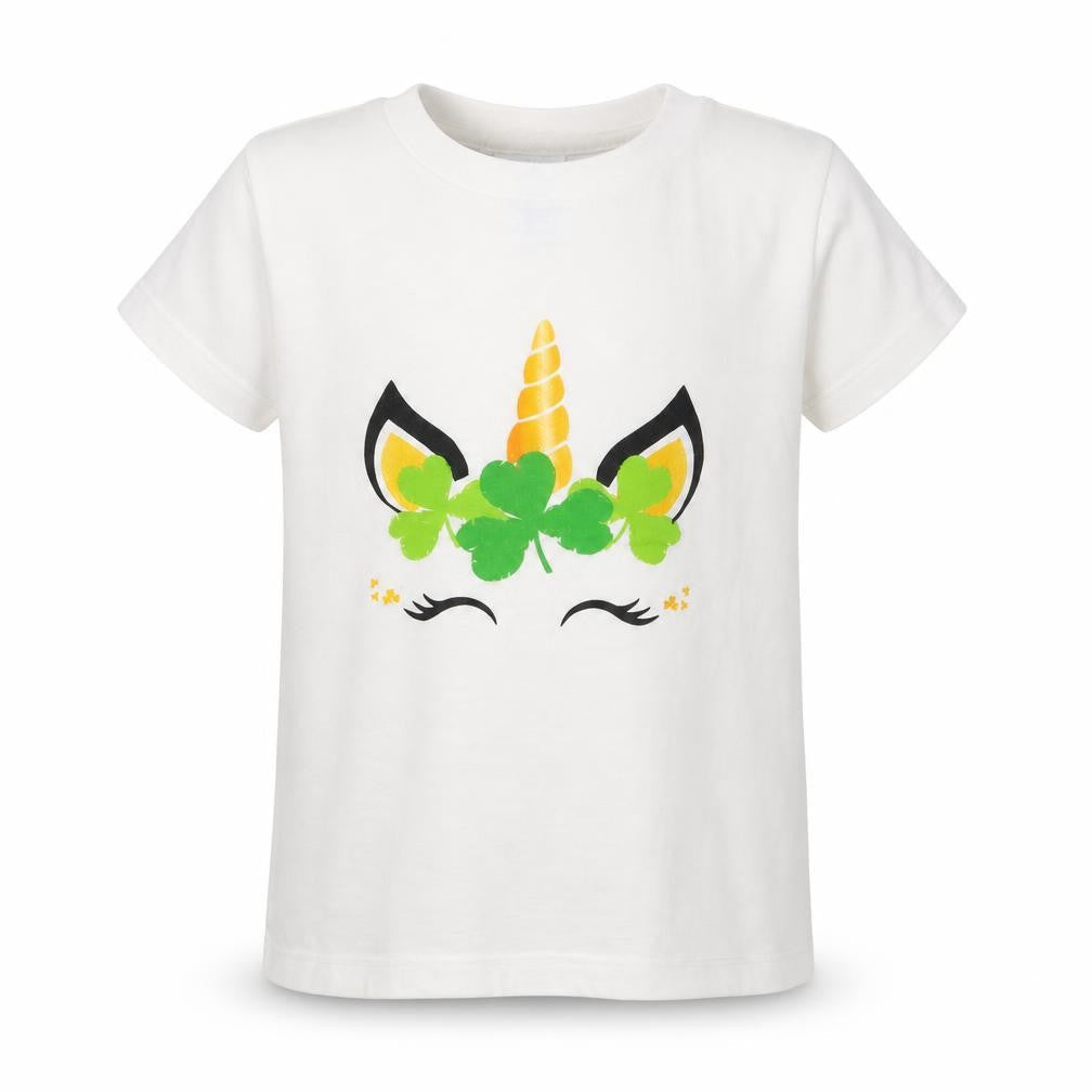 Port & Company Girls White  Cotton Basic T-Shirt Size 4 Years Crew Neck  - Unicorn