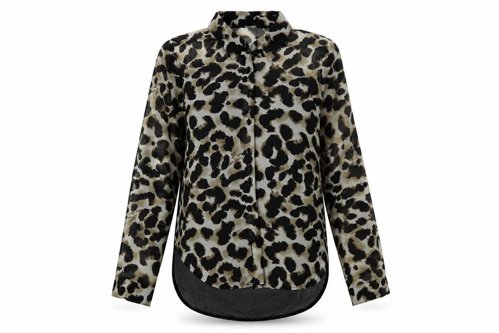MINE Womens Black Animal Print Polyester Basic Button-Up Size M Collared