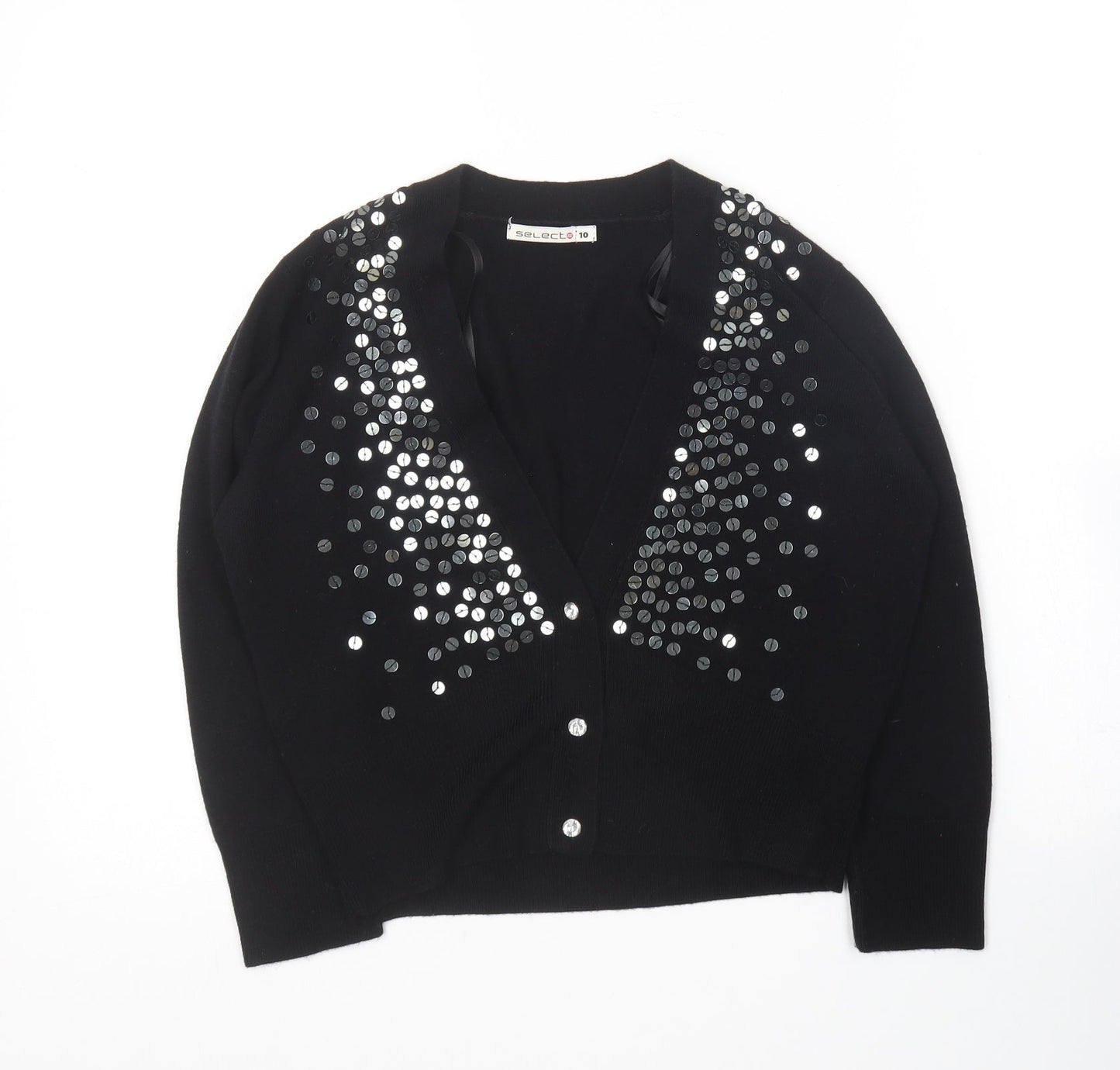 Select Womens Black V-Neck  Acrylic Cardigan Jumper Size 10