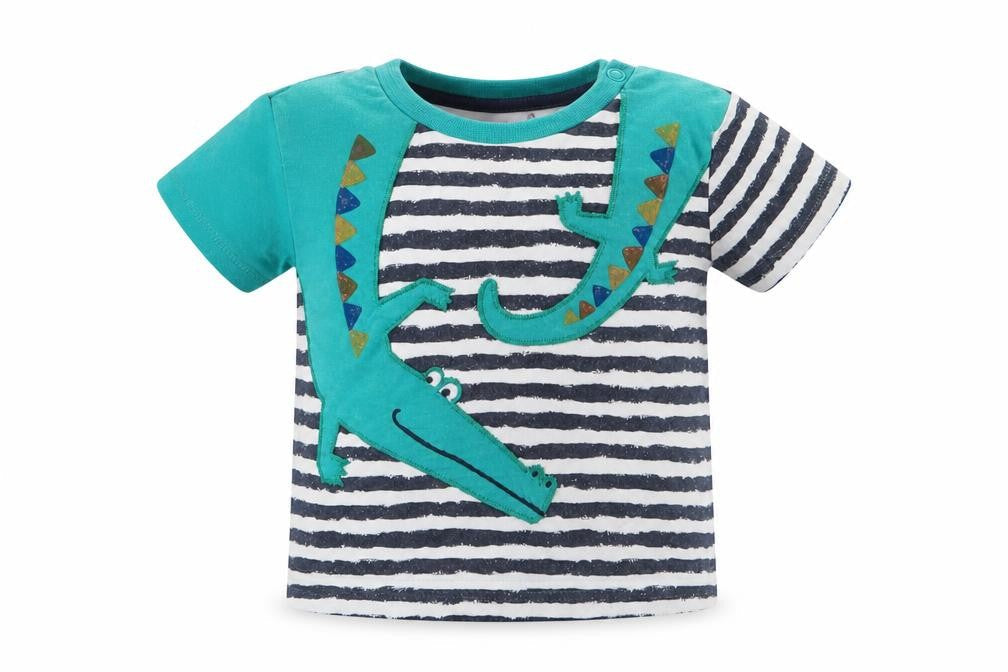 F&F Boys Blue Striped 100% Cotton Jersey T-Shirt Size 12-18 Months Crew Neck Pullover