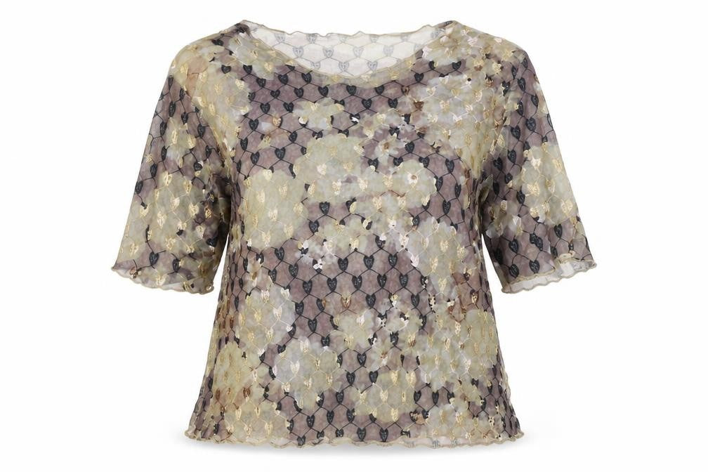 Preworn Womens Brown Geometric Polyester Tunic T-Shirt Size L Round Neck - Sheer