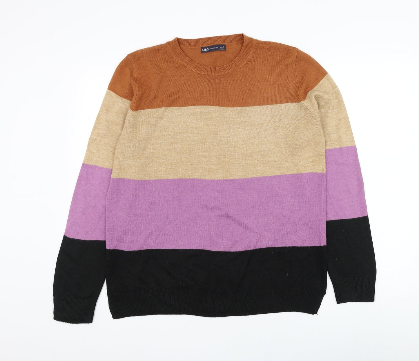 Marks and Spencer Womens Brown Round Neck Striped Acrylic Pullover Jumper Size 10