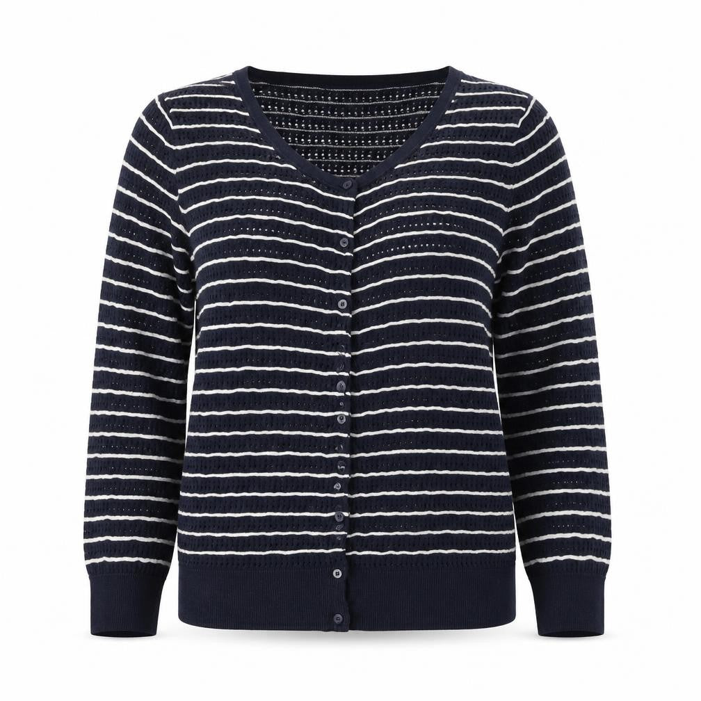H&M Womens Blue Round Neck Striped Cotton Cardigan Jumper Size M