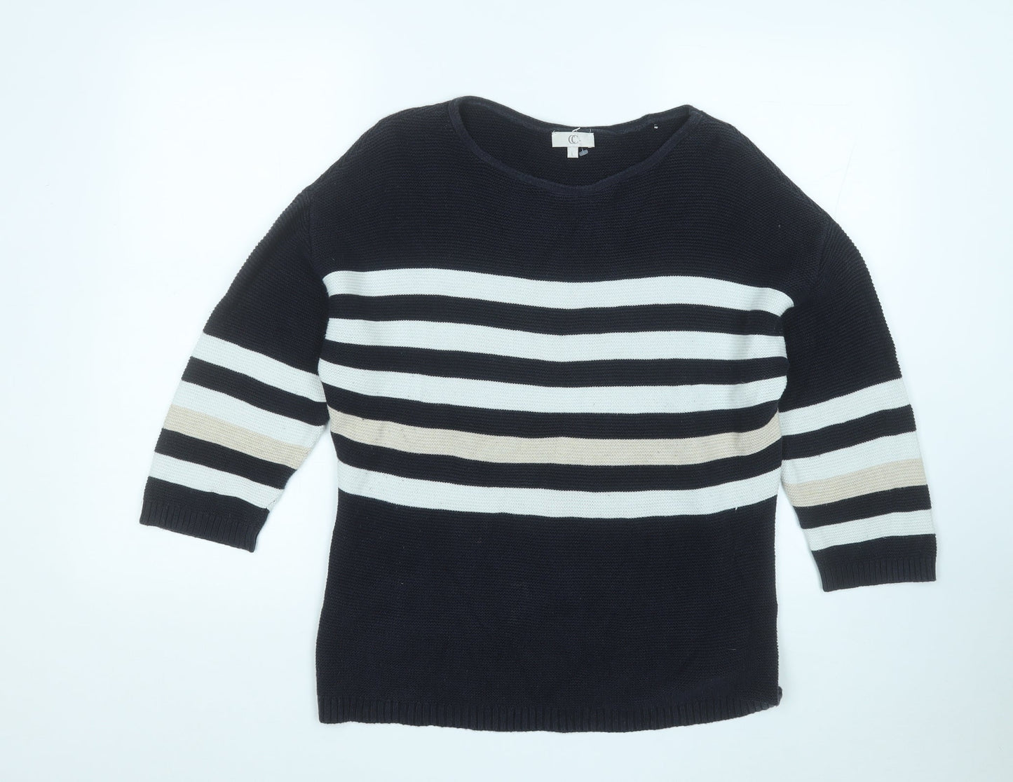 CC Womens Blue Round Neck Striped Cotton Pullover Jumper Size L