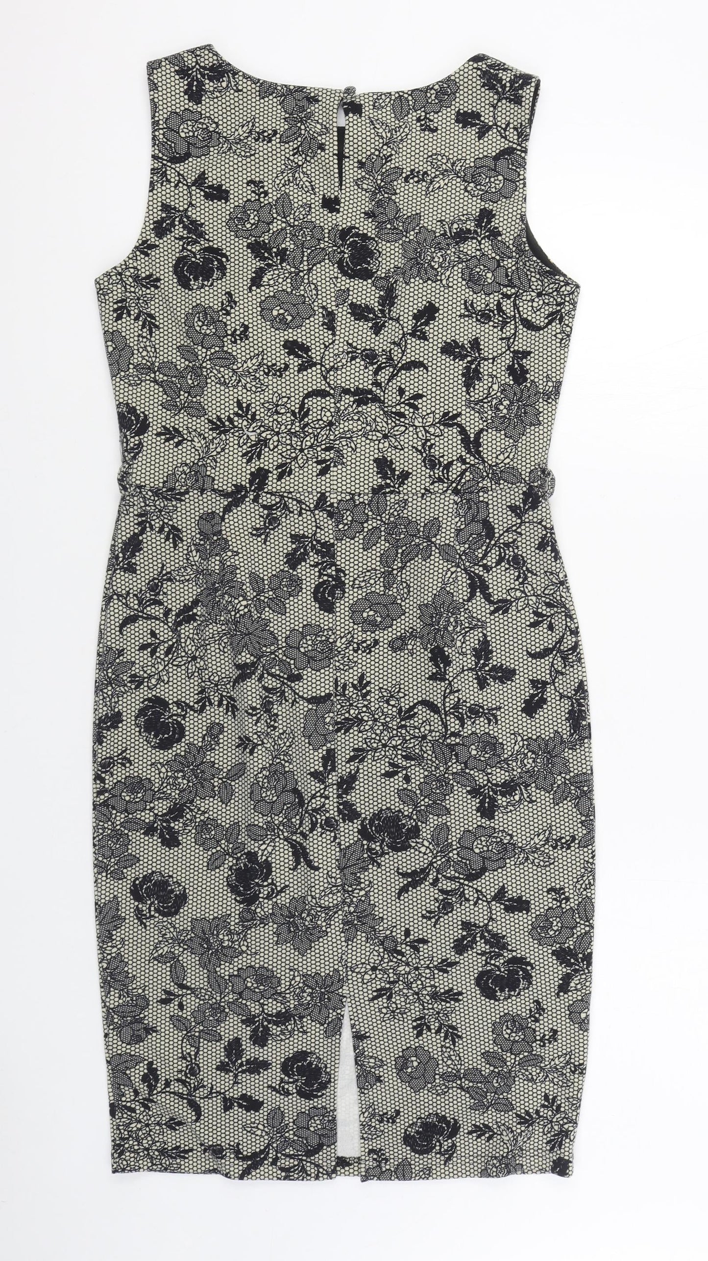 Dorothy Perkins Womens Black Geometric Polyester Sheath  Size 12  Boat Neck Button