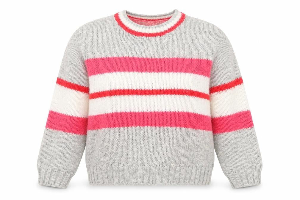 Dunnes Womens Grey Crew Neck Striped Acrylic Pullover Jumper Size S   - cropped
