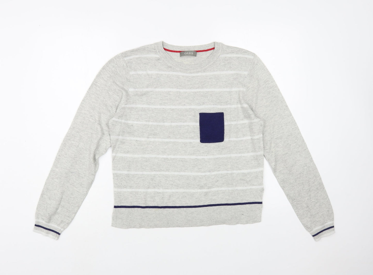 Oasis Womens Grey Crew Neck Striped Viscose Pullover Jumper Size L